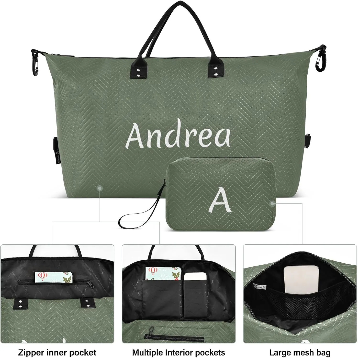 DOMIKING Earthy Green Personalized Duffel Bag Foldable Weekender Bag Overnight Bags for Women Men Custom Sport Gym Bag with Toiletry Bag for Weekend Business Trip, 2 Pcs