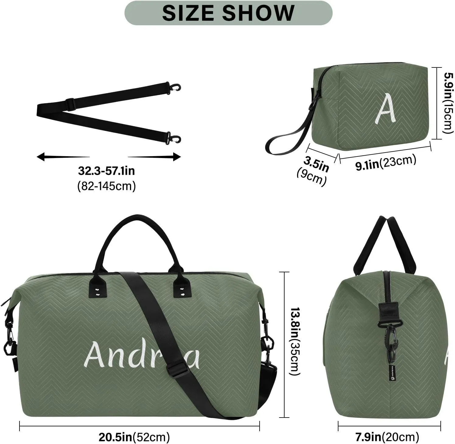 DOMIKING Earthy Green Personalized Duffel Bag Foldable Weekender Bag Overnight Bags for Women Men Custom Sport Gym Bag with Toiletry Bag for Weekend Business Trip, 2 Pcs
