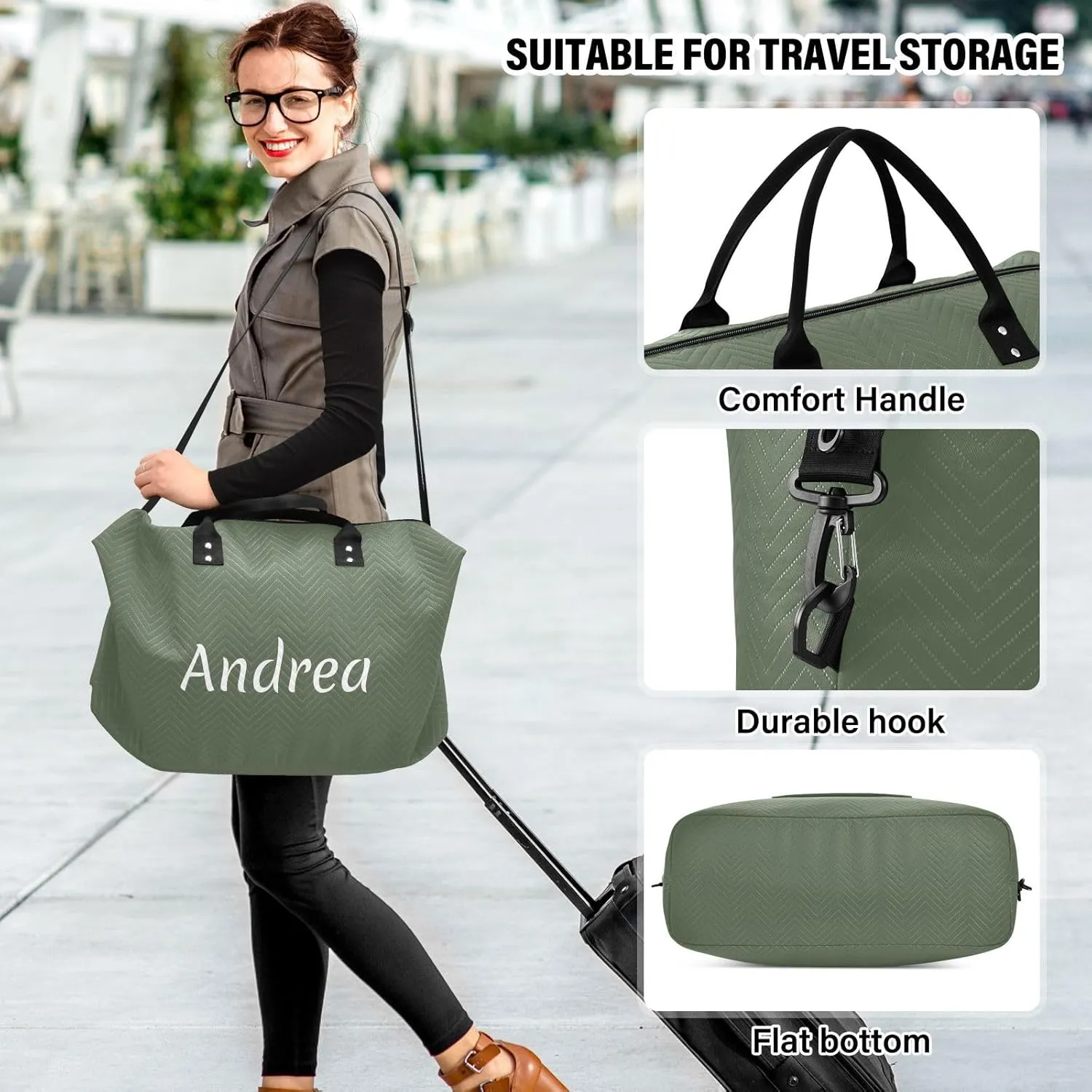 DOMIKING Earthy Green Personalized Duffel Bag Foldable Weekender Bag Overnight Bags for Women Men Custom Sport Gym Bag with Toiletry Bag for Weekend Business Trip, 2 Pcs