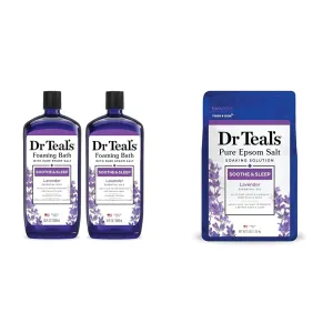 Dr Teal's Foaming Bath with Pure Epsom Salt, Soothe & Sleep with Lavender, 34 fl oz (Pack of 2) & Epsom Salt Soaking Solution, Soothe & Sleep, Lavender, 3lbs (Packaging May Vary)