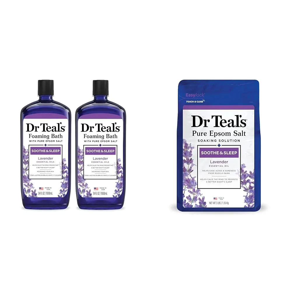 Dr Teal's Foaming Bath with Pure Epsom Salt, Soothe & Sleep with Lavender, 34 fl oz (Pack of 2) & Epsom Salt Soaking Solution, Soothe & Sleep, Lavender, 3lbs (Packaging May Vary)