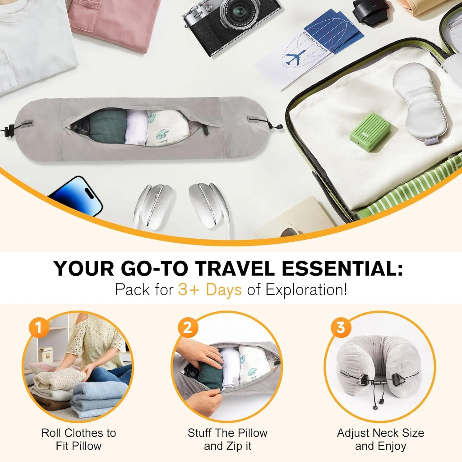 DreamShore Travel Pillow for Extra Luggage: Stuffable Neck Pillow with Adjustable Neck Size | Fits 3  Days of Travel Essentials | Transformable Carry-On Solution | Soft Velvet Cover | No Filler