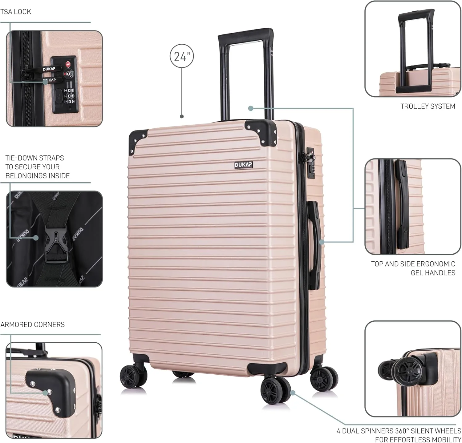 DUKAP TOUR Luggage With Ergonomic GEL Handle| Spacious Traveling Suitcase, Travel Suitcase with TSA Combination Lock | 24 Inch Medium Lightweight Spinner Luggage | Champagne
