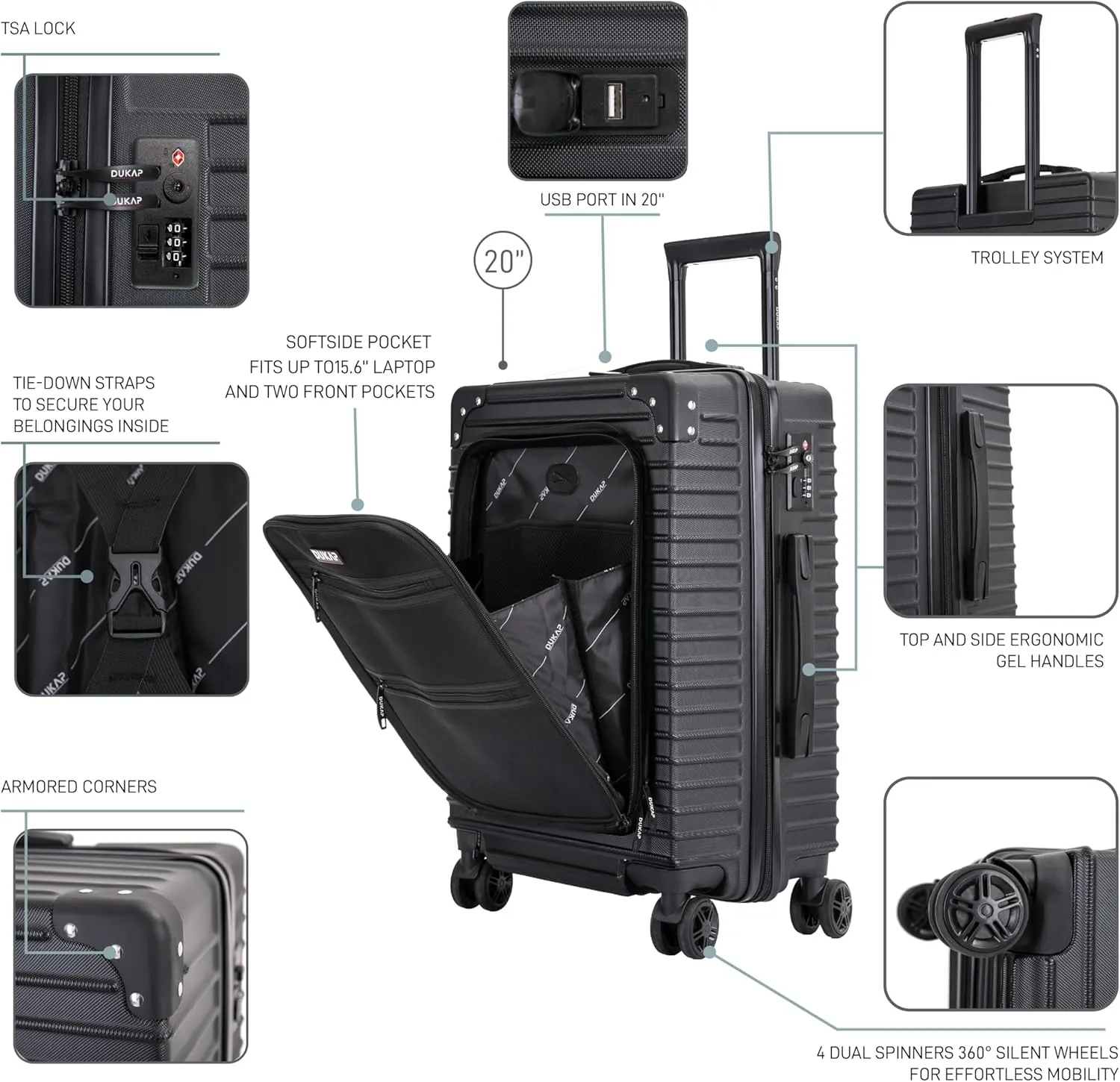 DUKAP TOUR Luggage with Integrated USB Port and Spinner Wheel | Spacious Travel Suitcase with TSA Lock and Ergonomic GEL Handle | 20 Inch Carry-On Hardside Luggage | Black