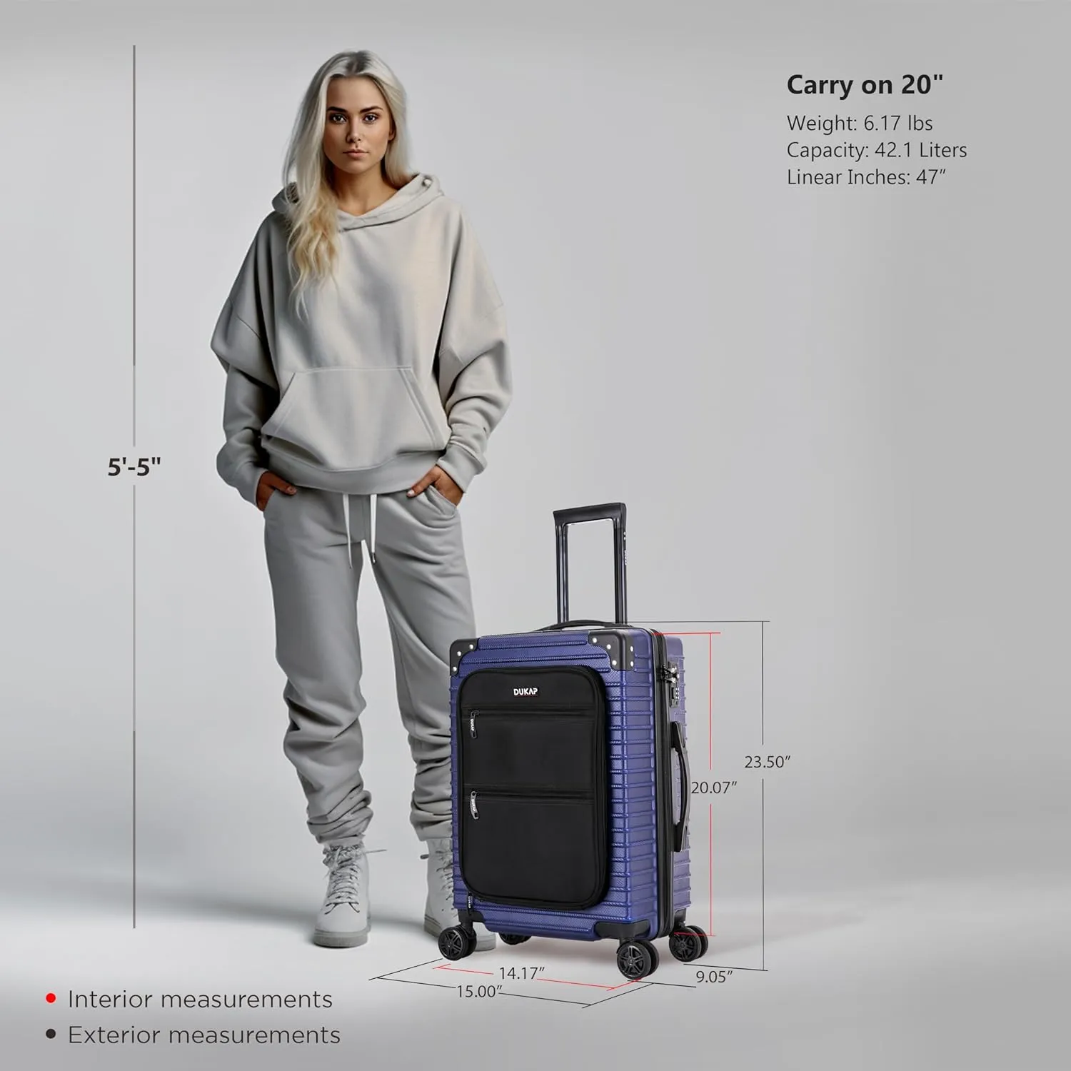 DUKAP TOUR Luggage with Integrated USB Port and Spinner Wheel | Spacious Travel Suitcase with TSA Lock and Ergonomic GEL Handle | 20 Inch Carry-On Hardside Luggage | Blue