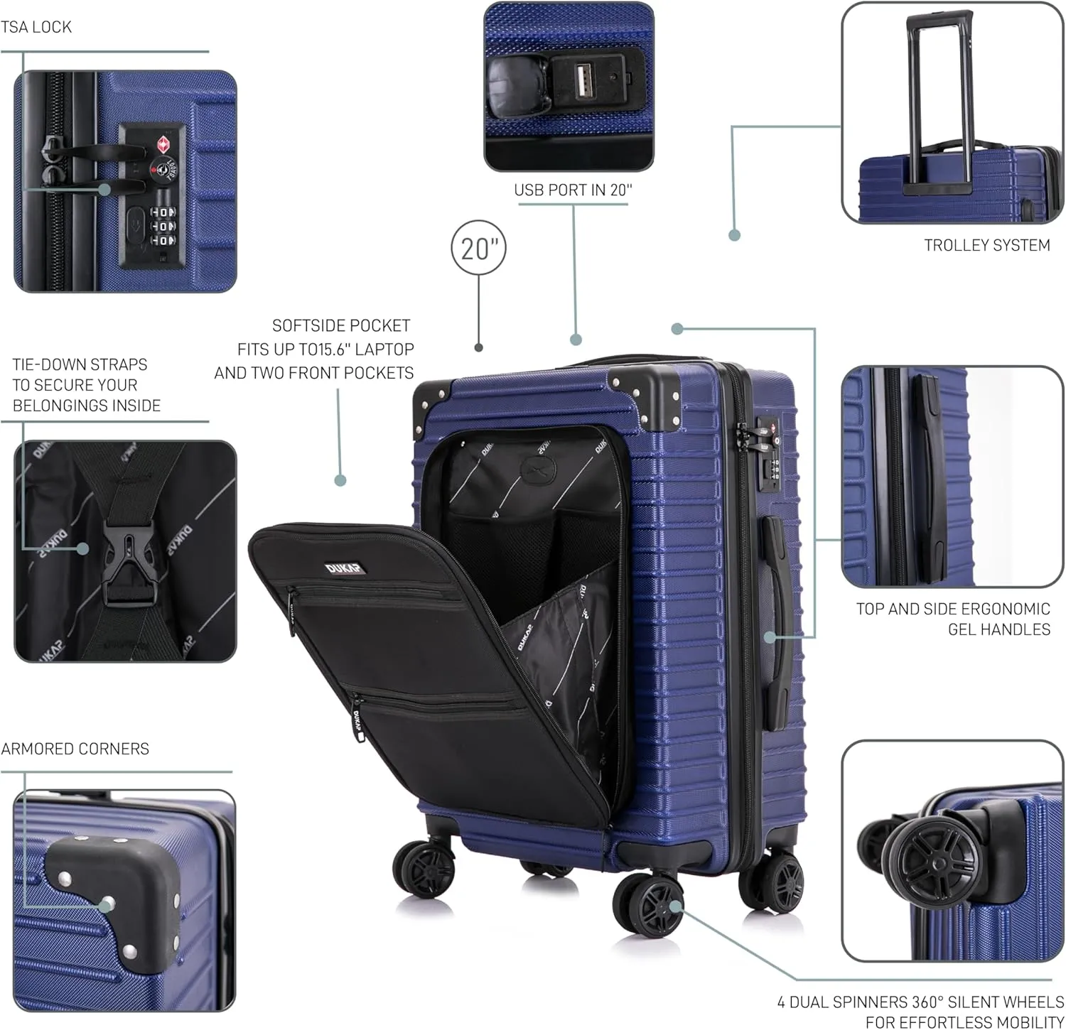 DUKAP TOUR Luggage with Integrated USB Port and Spinner Wheel | Spacious Travel Suitcase with TSA Lock and Ergonomic GEL Handle | 20 Inch Carry-On Hardside Luggage | Blue