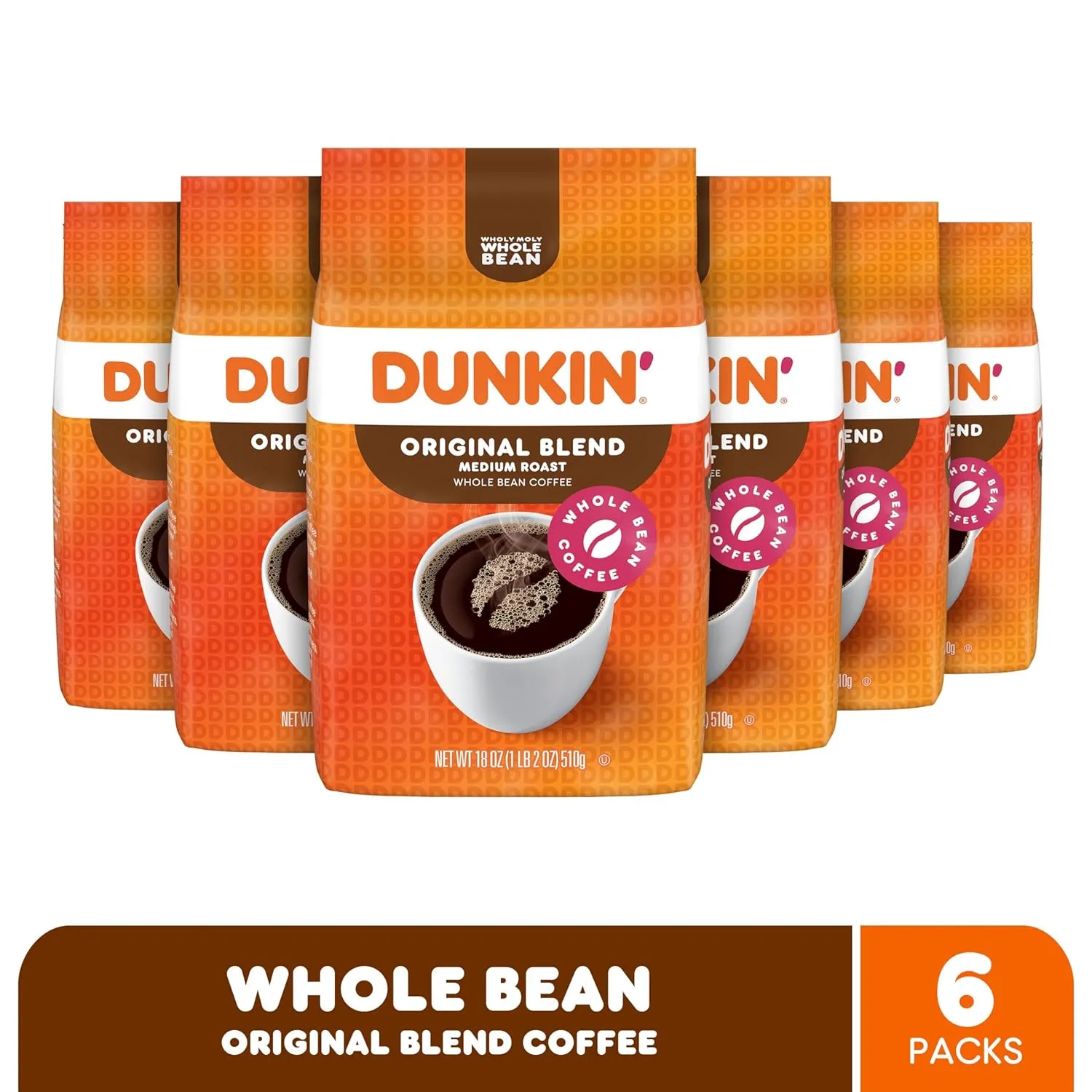 Dunkin' Original Blend Medium Roast Whole Bean Coffee, 18 Ounces (Pack of 6)