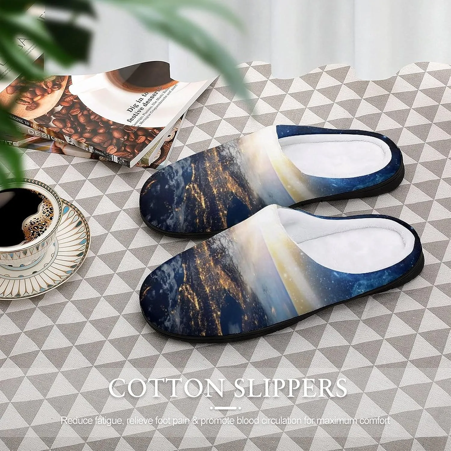 Earth Galaxy Space Men's Home Slippers Warm House Shoes Anti-Skid Rubber Sole for Home Spa Travel