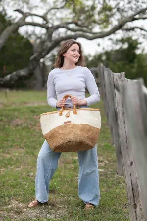 Earth Life Handwoven Sisal African Tote Bag, Market Economical Grocery Shopping Bags with Leather Strap Handles and Zipper Closure, Summer Beach Handbag, Straw Shoulder Purse for Women Travel