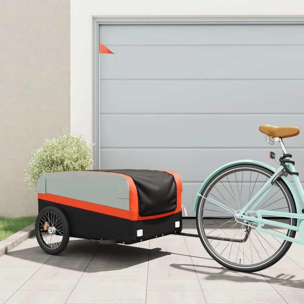 Easily Transport Goods with Sturdy Bike Trailer, Heavy-Duty Iron Frame, Includes Safety Flag for Visibility, Black and Orange