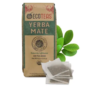 ECOTEAS Organic Yerba Mate Tea Bags – Natural Energy & Detox Herbal Tea – Coffee Alternative - Kosher, Non-GMO, Gluten-Free - 100 Unsmoked Bulk Bags, 8.8 oz (Pack of 1)