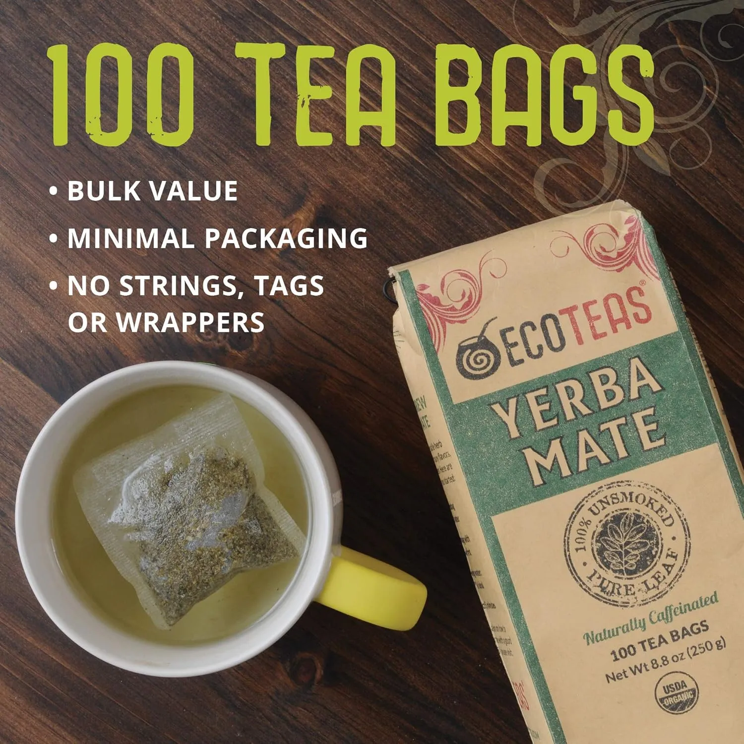 ECOTEAS Organic Yerba Mate Tea Bags – Natural Energy & Detox Herbal Tea – Coffee Alternative - Kosher, Non-GMO, Gluten-Free - 100 Unsmoked Bulk Bags, 8.8 oz (Pack of 3)