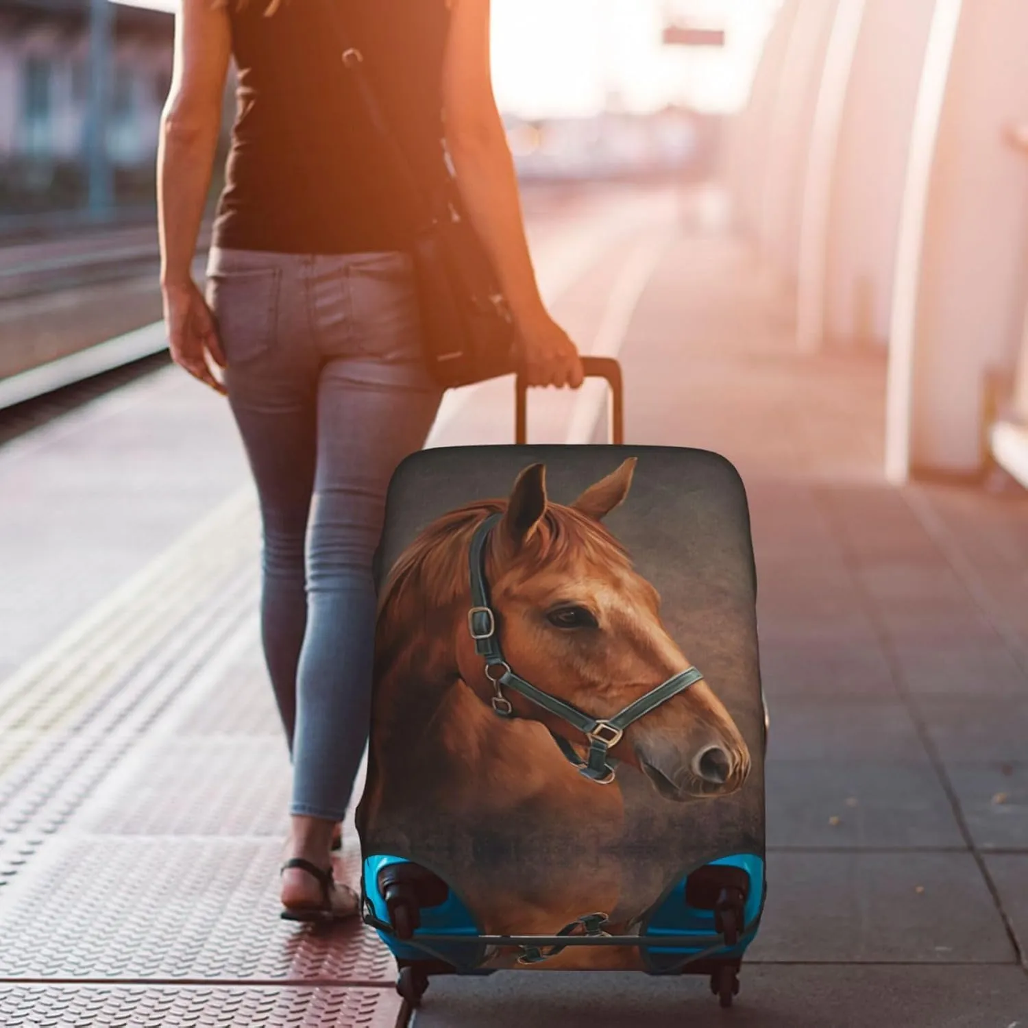 EdNeY Smart Brown Horse Travel Luggage Cover Elastic Anti-scratch Suitcase Cover Protector Spandex Stretch Luggage Baggage Covers Fits 29-32 Inch Luggage,XL