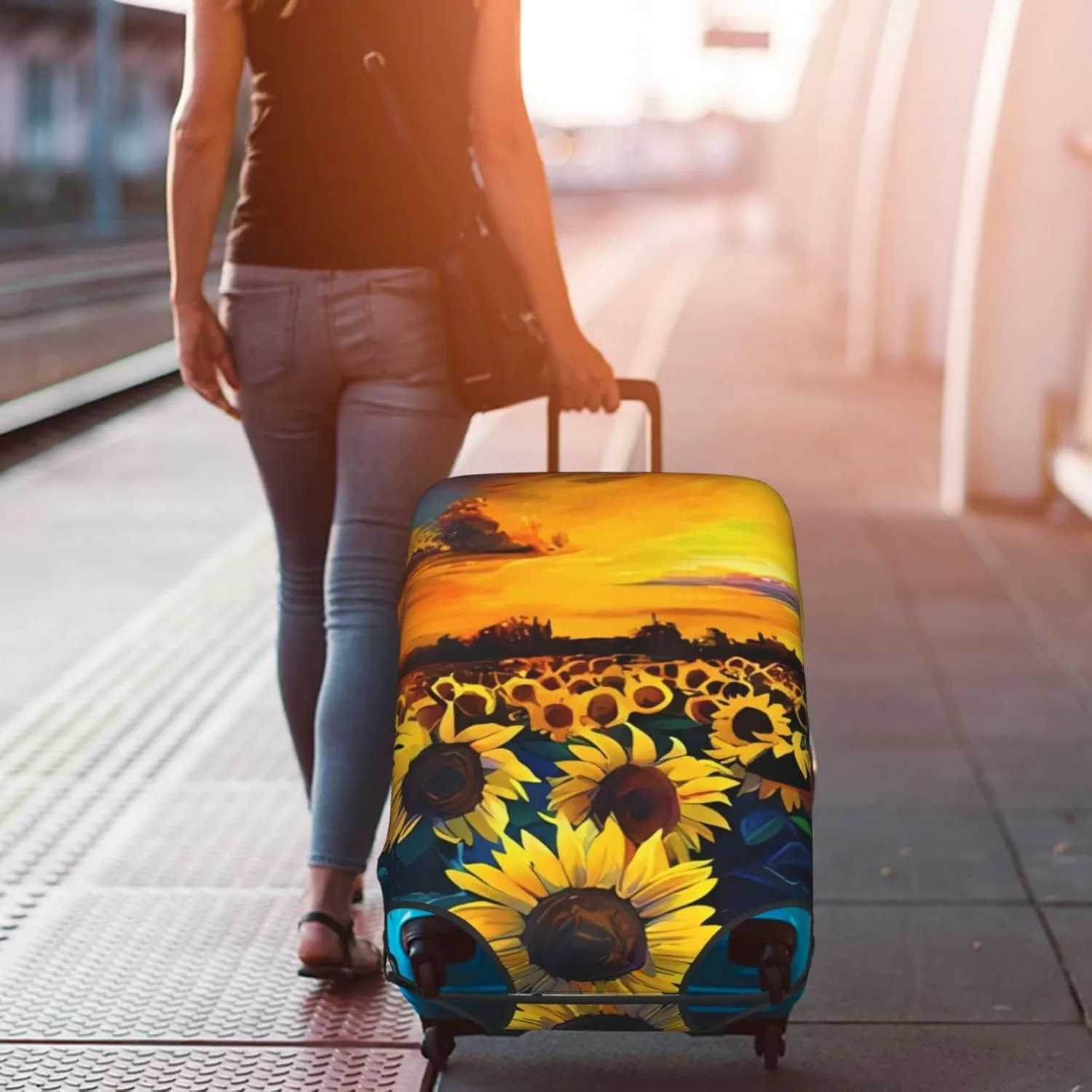 EdNeY Sunflower Field Oil Painting Travel Luggage Cover Elastic Anti-scratch Suitcase Cover Protector Spandex Stretch Luggage Baggage Covers Fits 29-32 Inch Luggage,XL