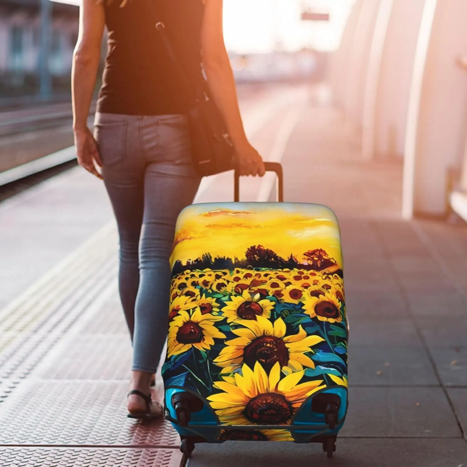 EdNeY Sunflowers Oil Painting Travel Luggage Cover Elastic Anti-scratch Suitcase Cover Protector Spandex Stretch Luggage Baggage Covers Fits 29-32 Inch Luggage,XL