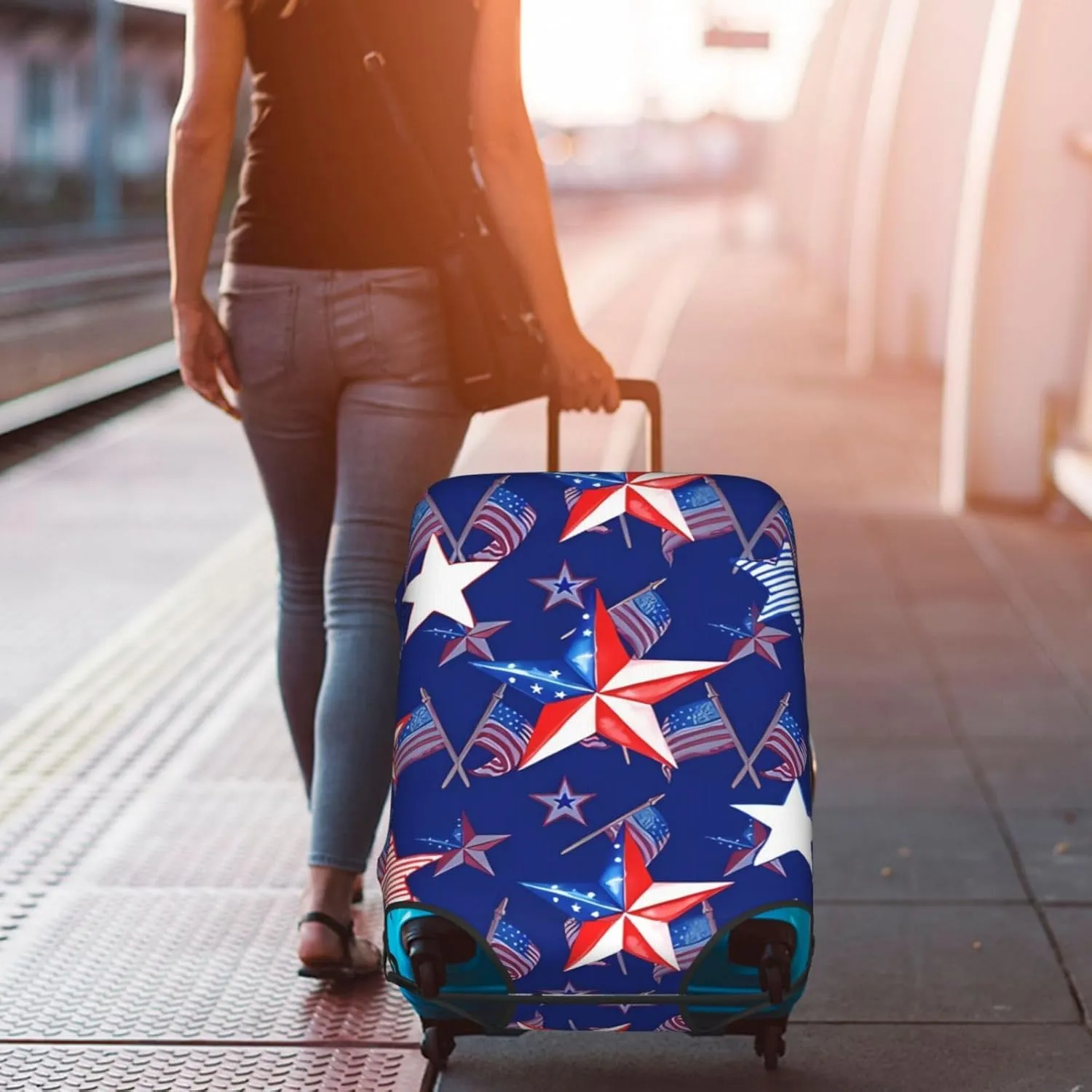 EdNeY Watercolor Memorial Day Stars Flag 4th of July Patriotic Travel Luggage Cover Elastic Anti-scratch Suitcase Cover Protector Spandex Stretch Luggage Baggage Covers Fits 29-32 Inch Luggage,XL