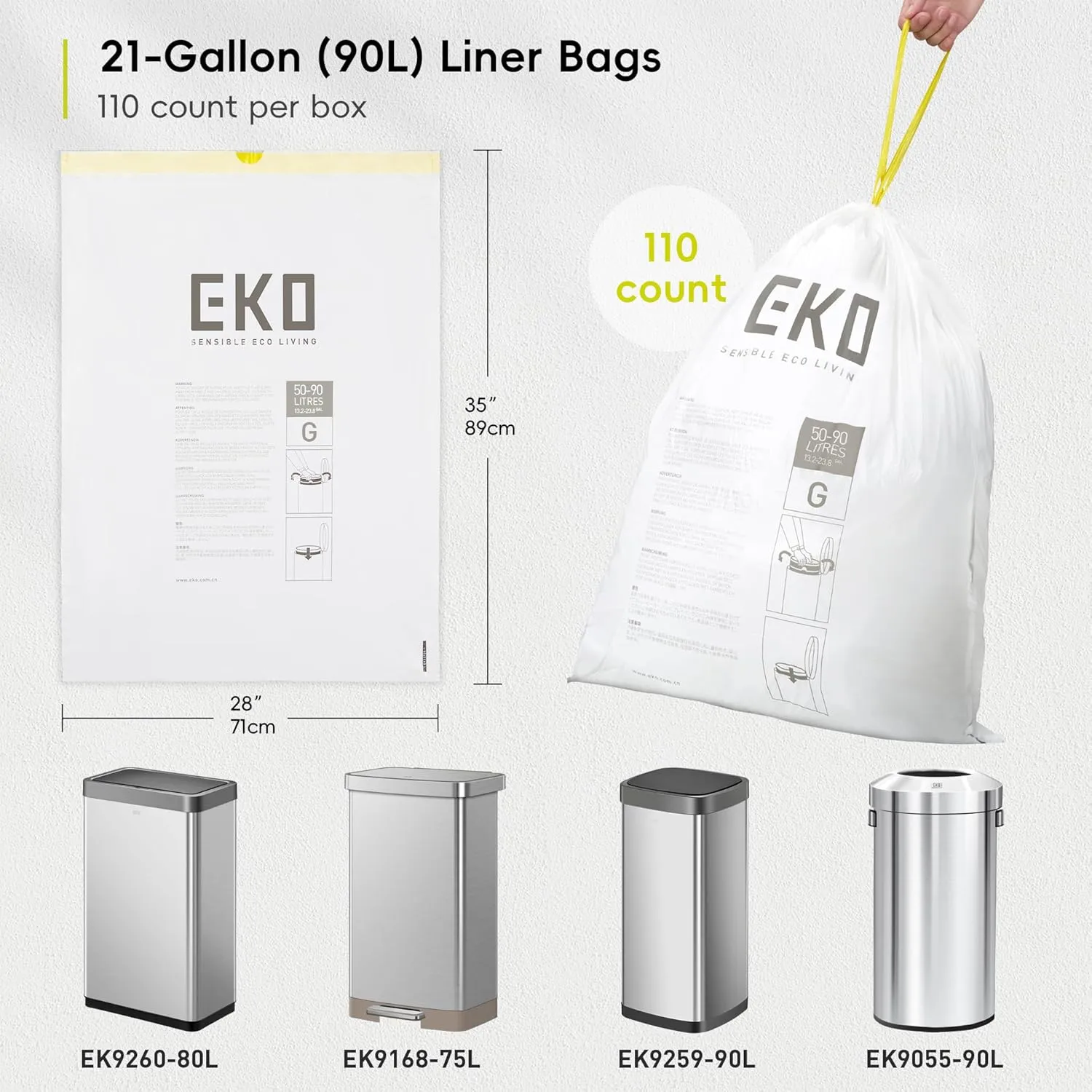 EKO Extra Strong 21 Gallon Large Trash Bags, Heavy-Duty Drawstring Kitchen & Household Garbage Bags (80L), Leak-Resistant, 110 Count, Code G