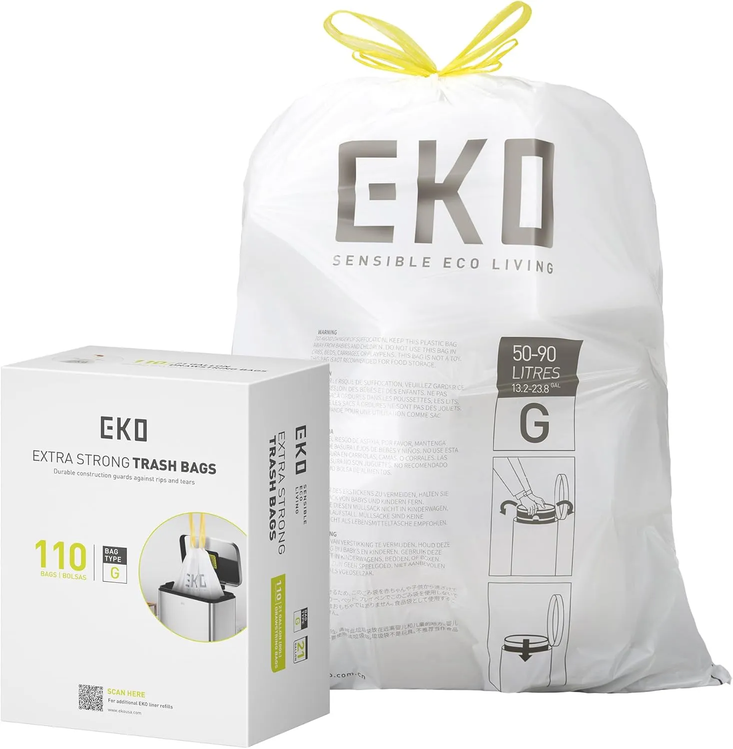 EKO Extra Strong 21 Gallon Large Trash Bags, Heavy-Duty Drawstring Kitchen & Household Garbage Bags (80L), Leak-Resistant, 110 Count, Code G