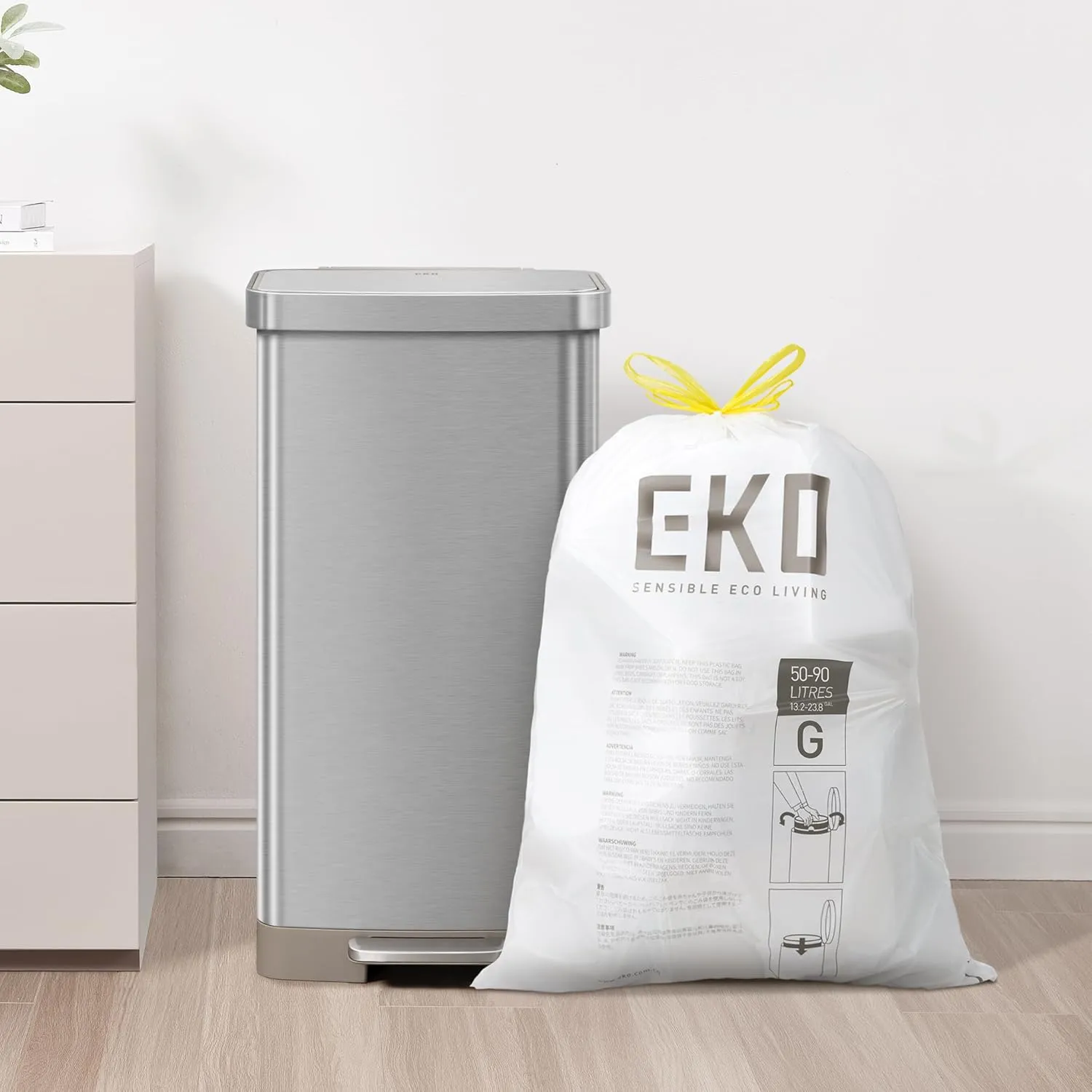 EKO Extra Strong 21 Gallon Large Trash Bags, Heavy-Duty Drawstring Kitchen & Household Garbage Bags (80L), Leak-Resistant, 110 Count, Code G