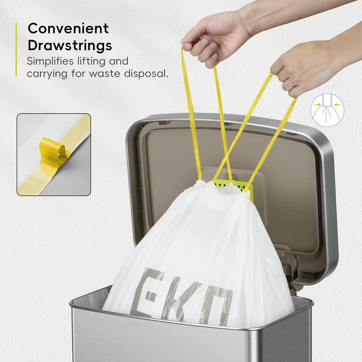 EKO Extra Strong 21 Gallon Large Trash Bags, Heavy-Duty Drawstring Kitchen & Household Garbage Bags (80L), Leak-Resistant, 110 Count, Code G