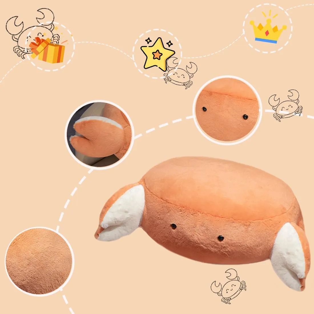 ELAINREN Cuddly Marine Crab Plush Pillow Ultra-Soft Cartoon Crab Stuffed Ocean Toy Fluffy Red Bread Crab Plushie Cushion/19.6''