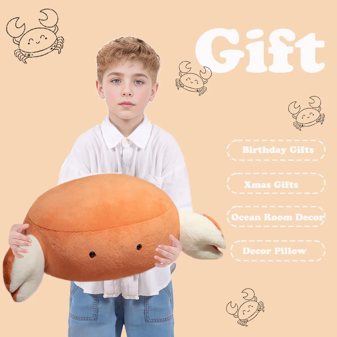 ELAINREN Cuddly Marine Crab Plush Pillow Ultra-Soft Cartoon Crab Stuffed Ocean Toy Fluffy Red Bread Crab Plushie Cushion/19.6''