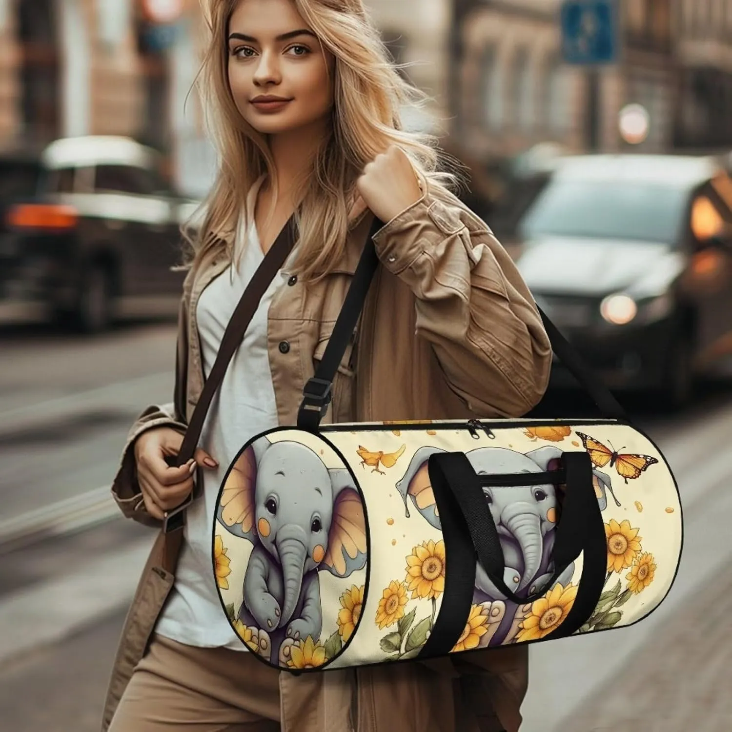 Elephant Sunflower Duffle Bag with Adjustable Strap,Foldable Travel Duffel Bags for Women,Waterproof Duffel Bags