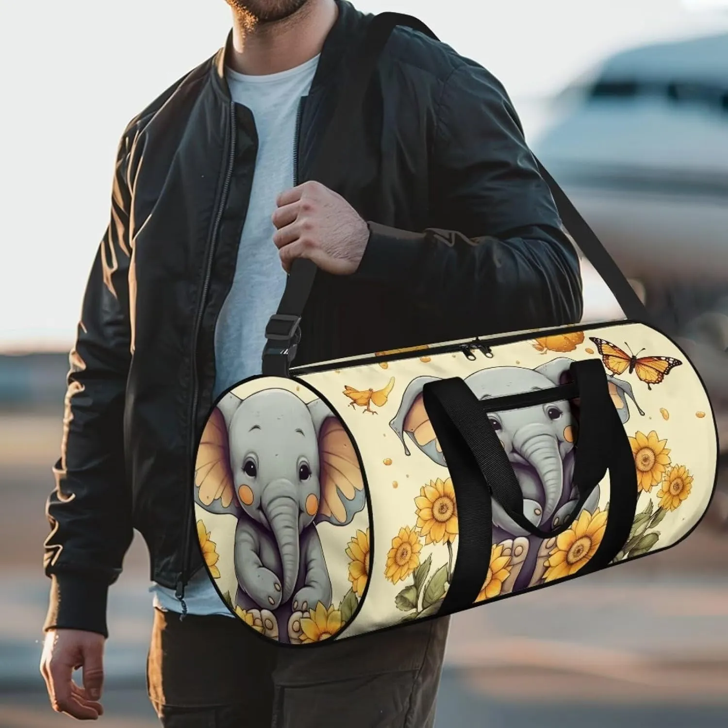 Elephant Sunflower Duffle Bag with Adjustable Strap,Foldable Travel Duffel Bags for Women,Waterproof Duffel Bags
