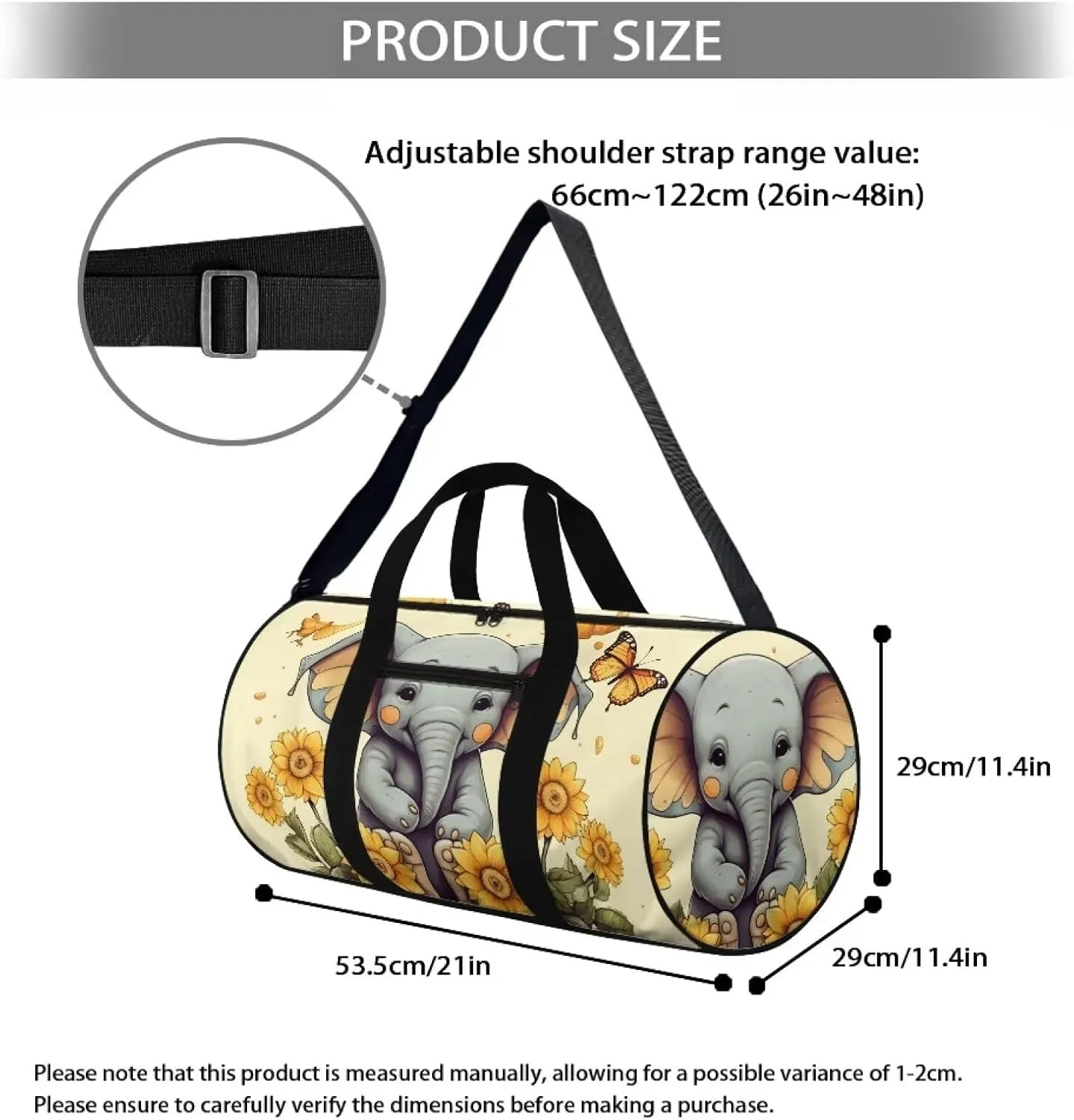 Elephant Sunflower Duffle Bag with Adjustable Strap,Foldable Travel Duffel Bags for Women,Waterproof Duffel Bags