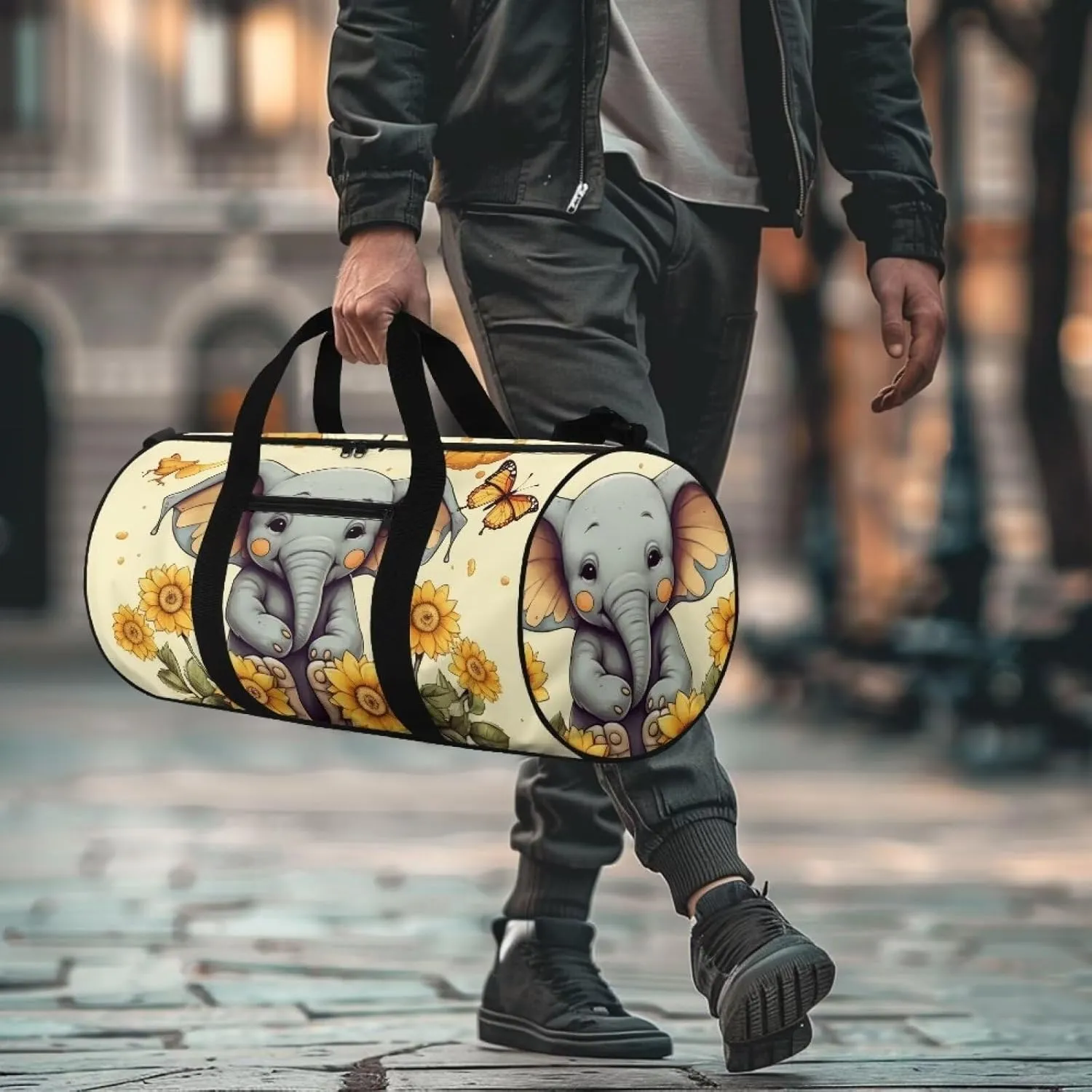 Elephant Sunflower Duffle Bag with Adjustable Strap,Foldable Travel Duffel Bags for Women,Waterproof Duffel Bags