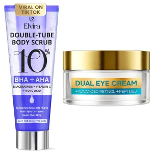 Elvira Exfoliating Body Scrub & Dual Eye Cream Set – KP Bump Eraser with 10% AHA BHA & Niacinamide   Retinol Eye Cream for Puffiness, Wrinkles, Dark Circles, Anti-Aging, Fragrance Free