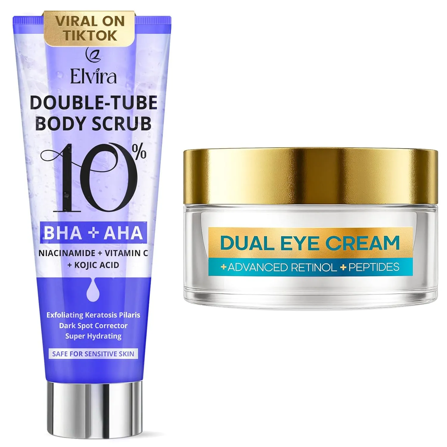 Elvira Exfoliating Body Scrub & Dual Eye Cream Set – KP Bump Eraser with 10% AHA BHA & Niacinamide   Retinol Eye Cream for Puffiness, Wrinkles, Dark Circles, Anti-Aging, Fragrance Free