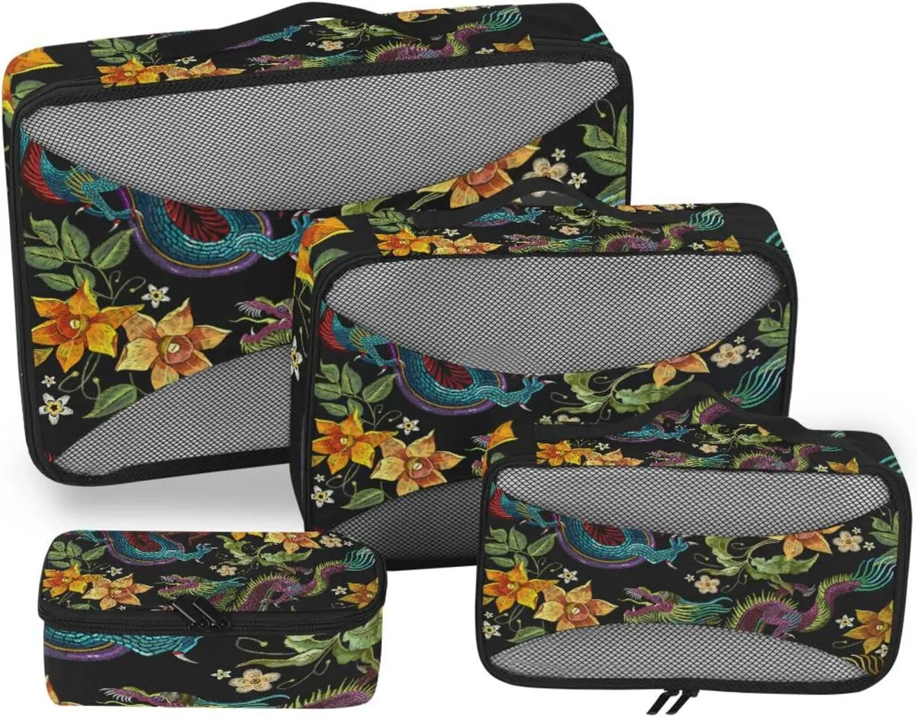 Embroidery Asian Dragons Yellow Flowers Chinese Dragons on Dark 4 PCs Set Packing Bags, Luggage Organizer Bag, Portable Cube Toiletry bag, Durable Travel Cosmetic Storage Bag for Men Women