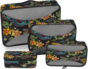 Embroidery Asian Dragons Yellow Flowers Chinese Dragons on Dark 4 PCs Set Packing Bags, Luggage Organizer Bag, Portable Cube Toiletry bag, Durable Travel Cosmetic Storage Bag for Men Women