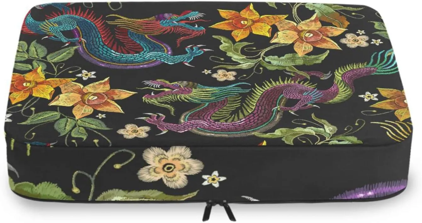 Embroidery Asian Dragons Yellow Flowers Chinese Dragons on Dark 4 PCs Set Packing Bags, Luggage Organizer Bag, Portable Cube Toiletry bag, Durable Travel Cosmetic Storage Bag for Men Women