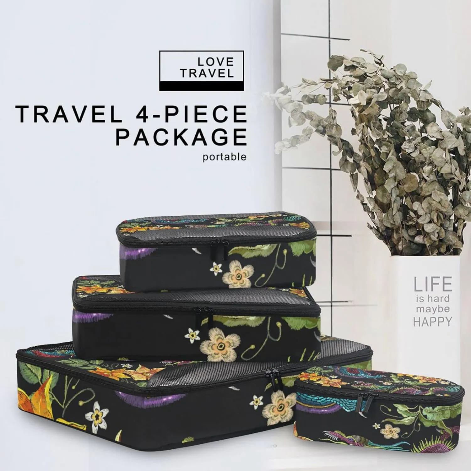 Embroidery Asian Dragons Yellow Flowers Chinese Dragons on Dark 4 PCs Set Packing Bags, Luggage Organizer Bag, Portable Cube Toiletry bag, Durable Travel Cosmetic Storage Bag for Men Women