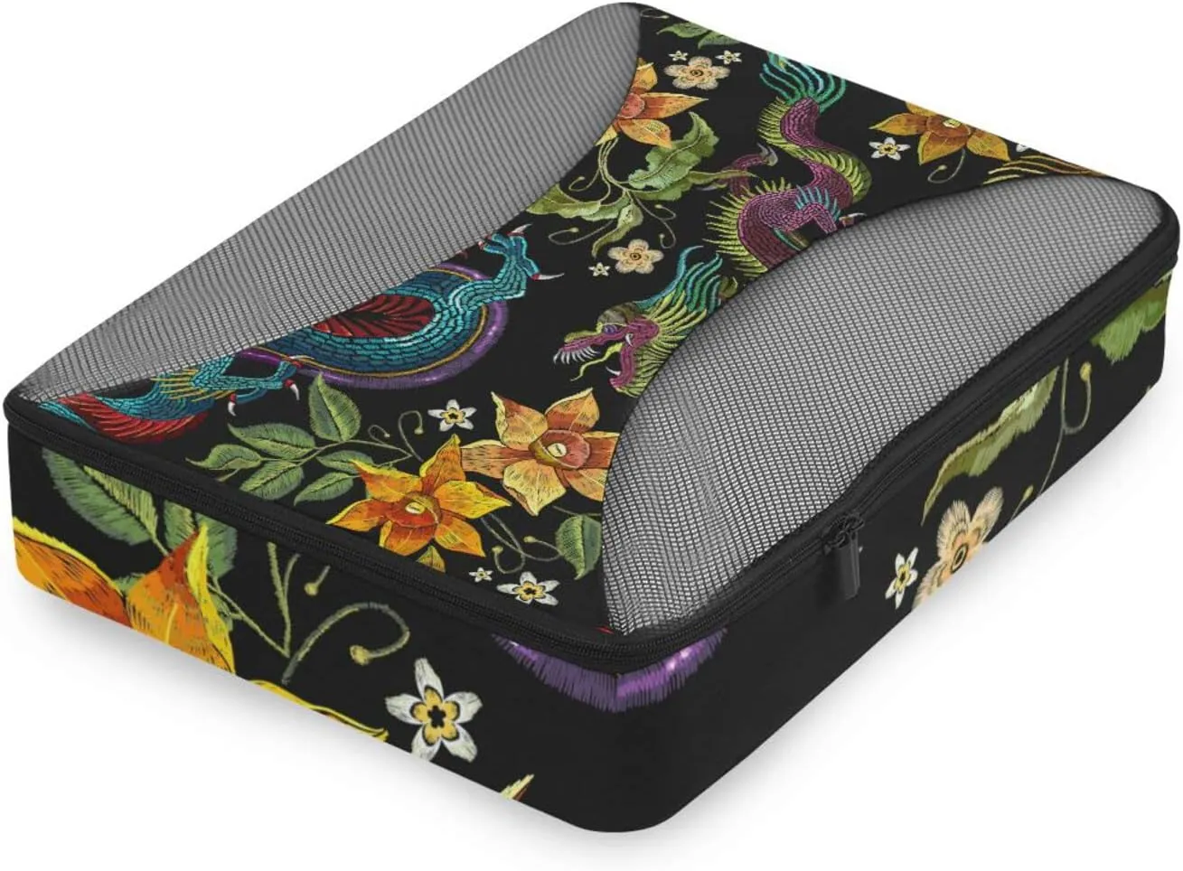 Embroidery Asian Dragons Yellow Flowers Chinese Dragons on Dark 4 PCs Set Packing Bags, Luggage Organizer Bag, Portable Cube Toiletry bag, Durable Travel Cosmetic Storage Bag for Men Women