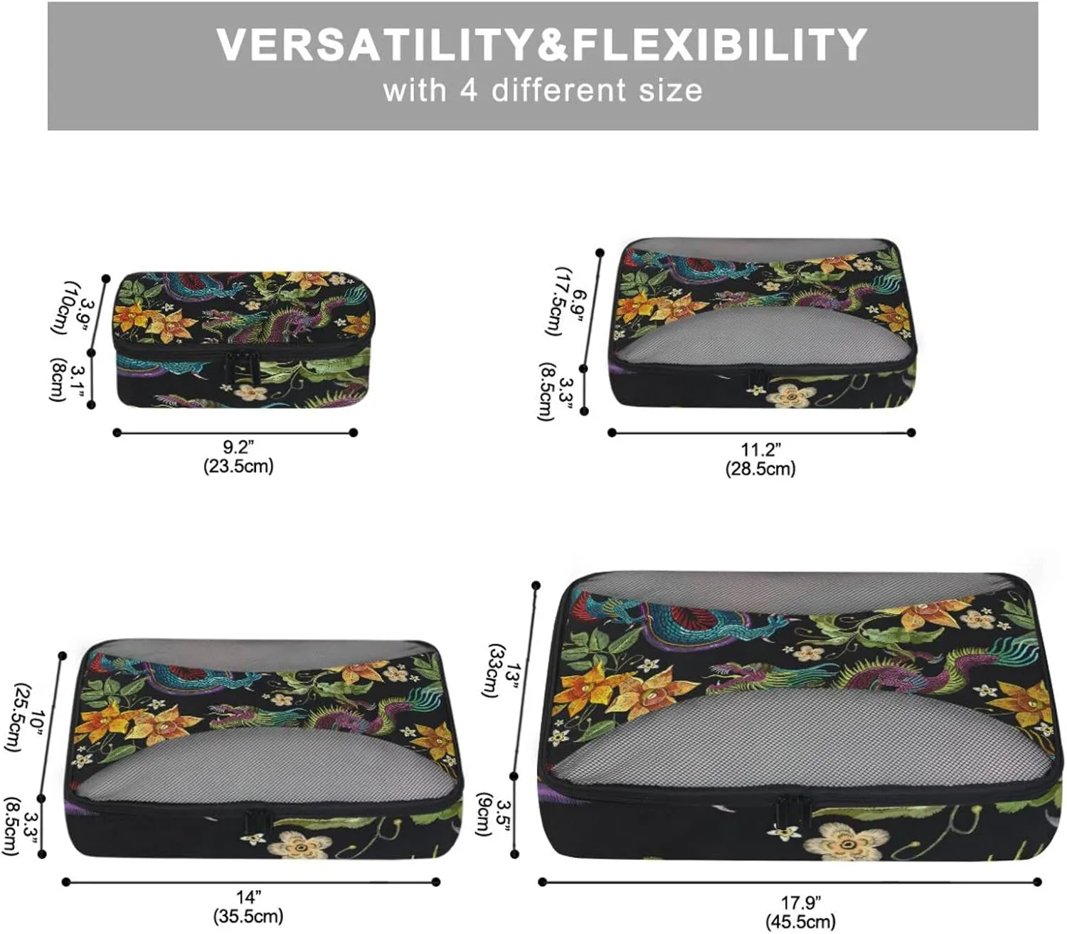 Embroidery Asian Dragons Yellow Flowers Chinese Dragons on Dark 4 PCs Set Packing Bags, Luggage Organizer Bag, Portable Cube Toiletry bag, Durable Travel Cosmetic Storage Bag for Men Women