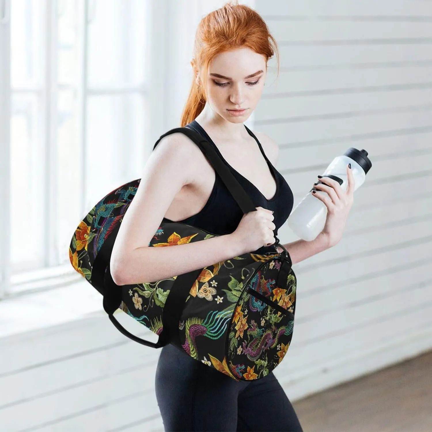Embroidery Asian Dragons Yellow Flowers Chinese Dragons on Dark Portable Gym Bag, Travel Bag, Luggage bag, Sports Bag, Toiletry Bag with Handles, Detachable Shoulder Strap 17.6 x 9 x 9 inch