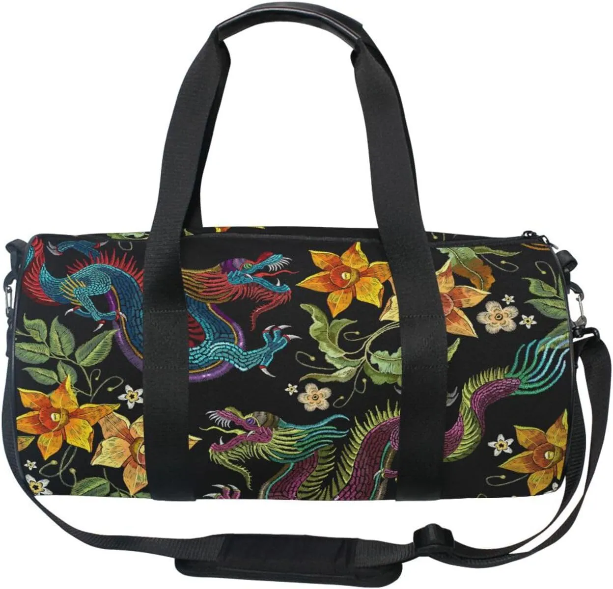 Embroidery Asian Dragons Yellow Flowers Chinese Dragons on Dark Portable Gym Bag, Travel Bag, Luggage bag, Sports Bag, Toiletry Bag with Handles, Detachable Shoulder Strap 17.6 x 9 x 9 inch