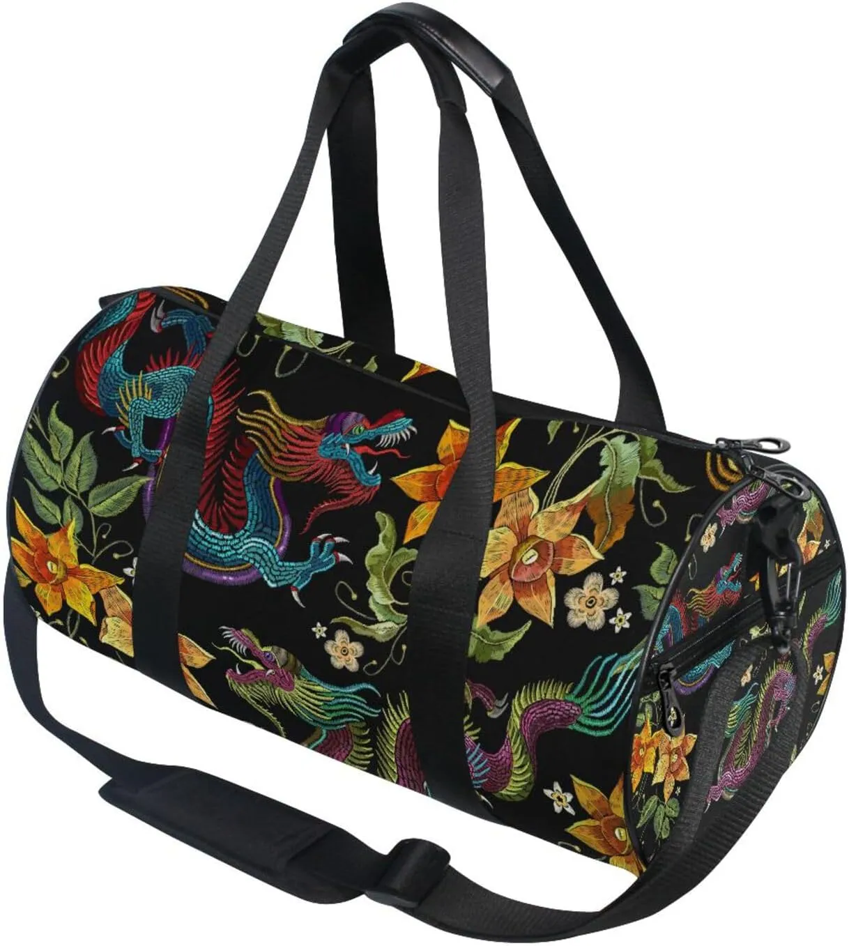 Embroidery Asian Dragons Yellow Flowers Chinese Dragons on Dark Portable Gym Bag, Travel Bag, Luggage bag, Sports Bag, Toiletry Bag with Handles, Detachable Shoulder Strap 17.6 x 9 x 9 inch