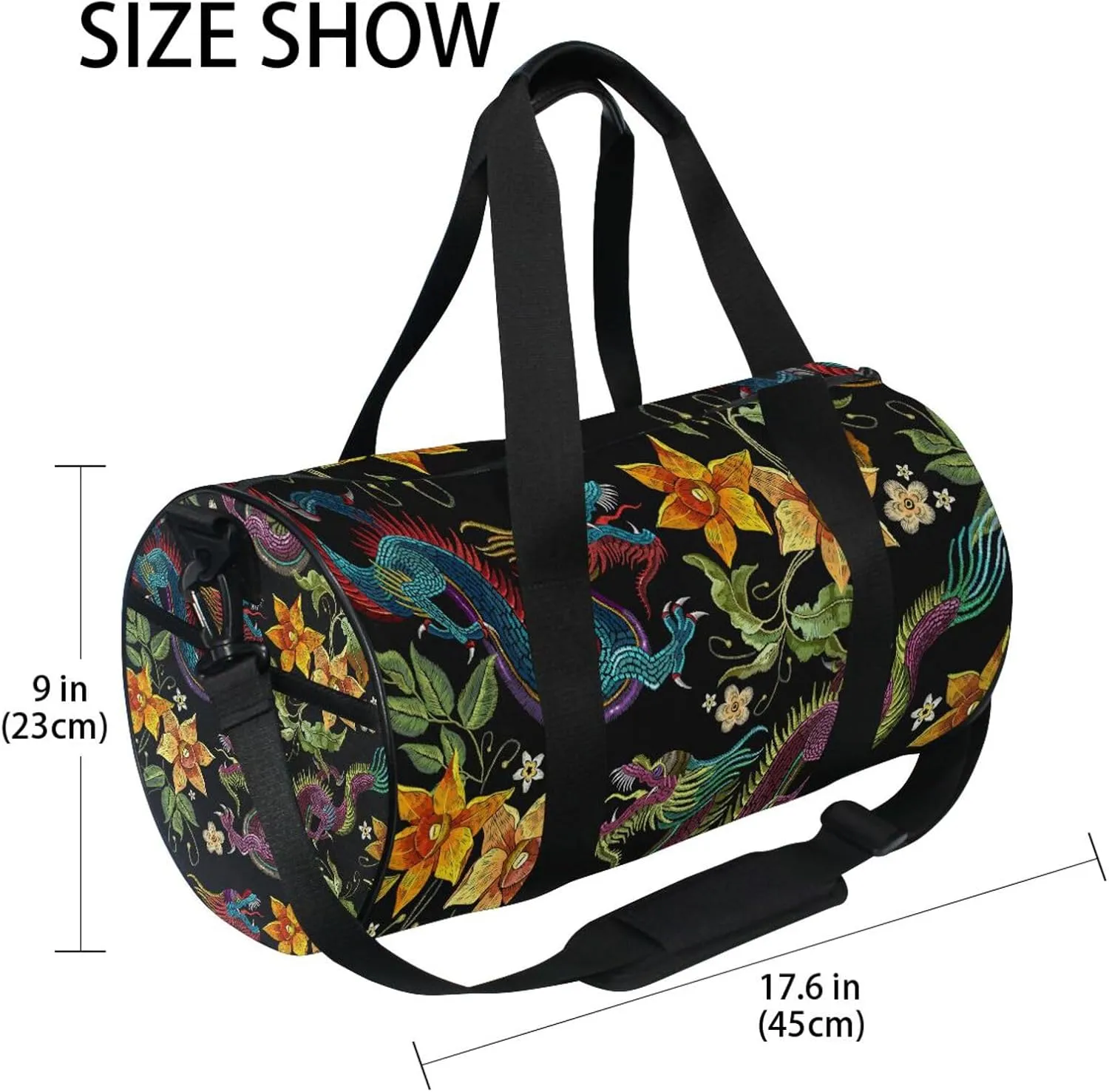 Embroidery Asian Dragons Yellow Flowers Chinese Dragons on Dark Portable Gym Bag, Travel Bag, Luggage bag, Sports Bag, Toiletry Bag with Handles, Detachable Shoulder Strap 17.6 x 9 x 9 inch