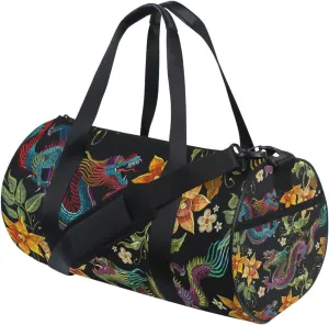 Embroidery Asian Dragons Yellow Flowers Chinese Dragons on Dark Portable Gym Bag, Travel Bag, Luggage bag, Sports Bag, Toiletry Bag with Handles, Detachable Shoulder Strap 17.6 x 9 x 9 inch