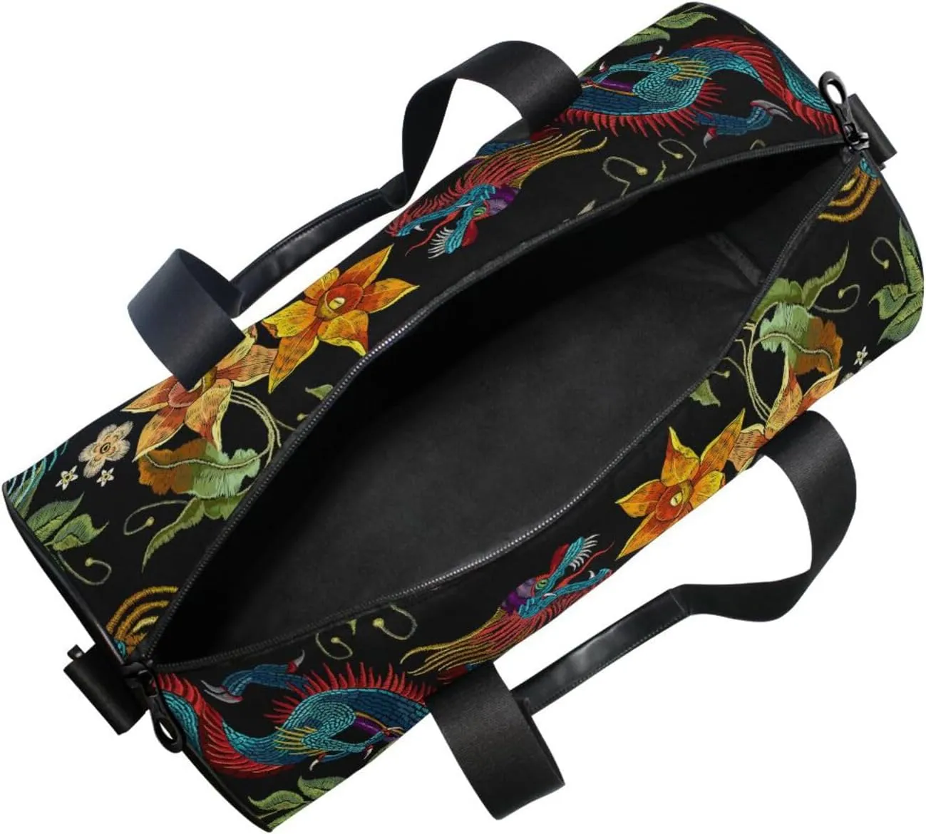 Embroidery Asian Dragons Yellow Flowers Chinese Dragons on Dark Portable Gym Bag, Travel Bag, Luggage bag, Sports Bag, Toiletry Bag with Handles, Detachable Shoulder Strap 17.6 x 9 x 9 inch