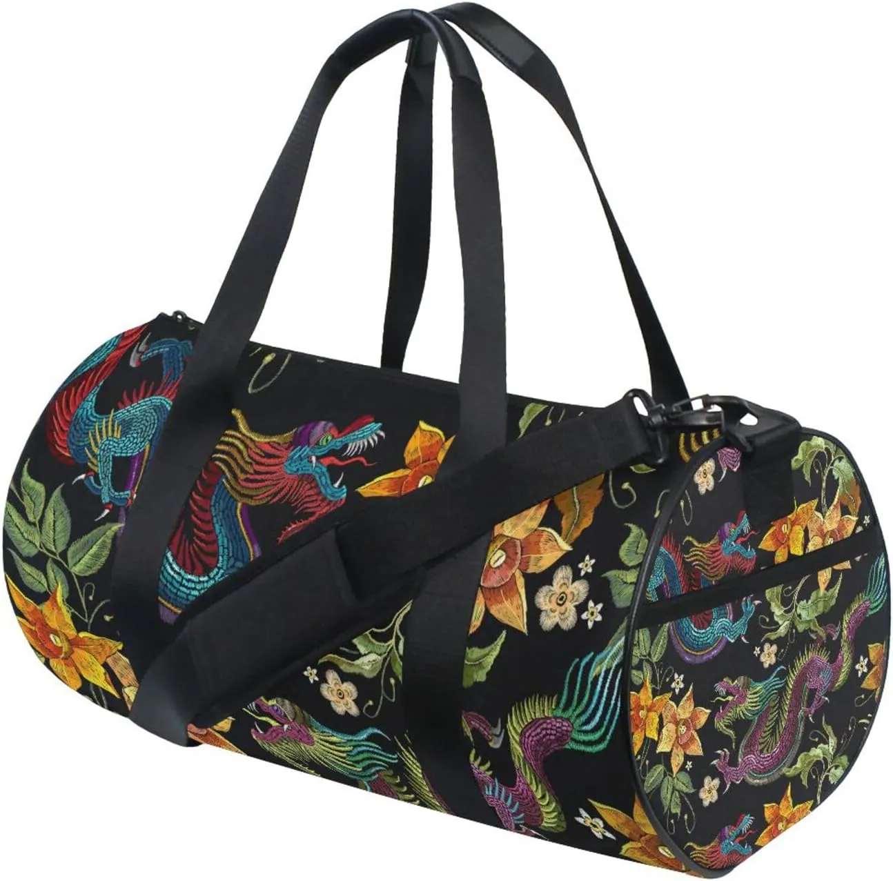 Embroidery Asian Dragons Yellow Flowers Chinese Dragons on Dark Portable Gym Bag, Travel Bag, Luggage bag, Sports Bag, Toiletry Bag with Handles, Detachable Shoulder Strap 17.6 x 9 x 9 inch