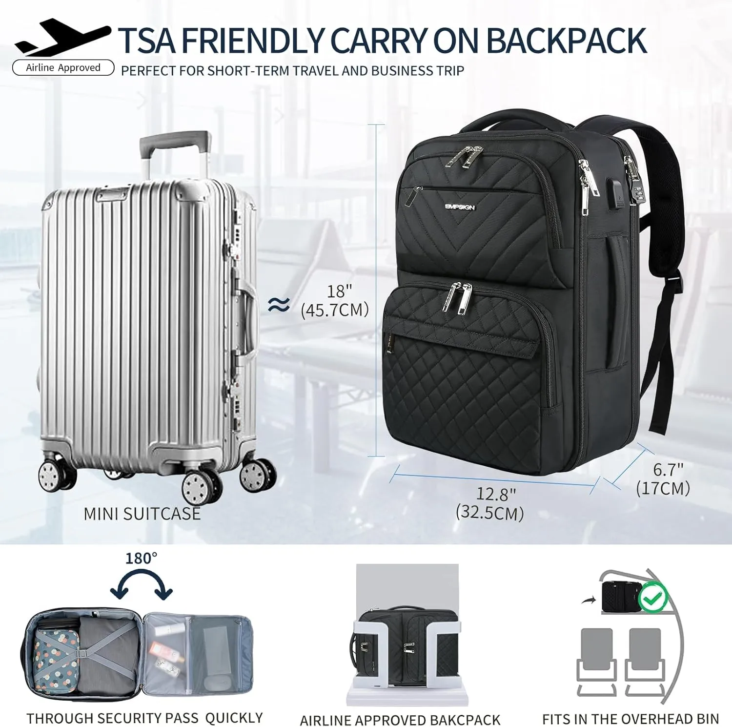 EMPSIGN Travel Backpack for Women, Large Carry On Backpack Airline Approved Personal Item, 17 inch TSA Friendly Laptop Backpack with USB Port, Casual Daypack for Weekender Business Hiking, Black
