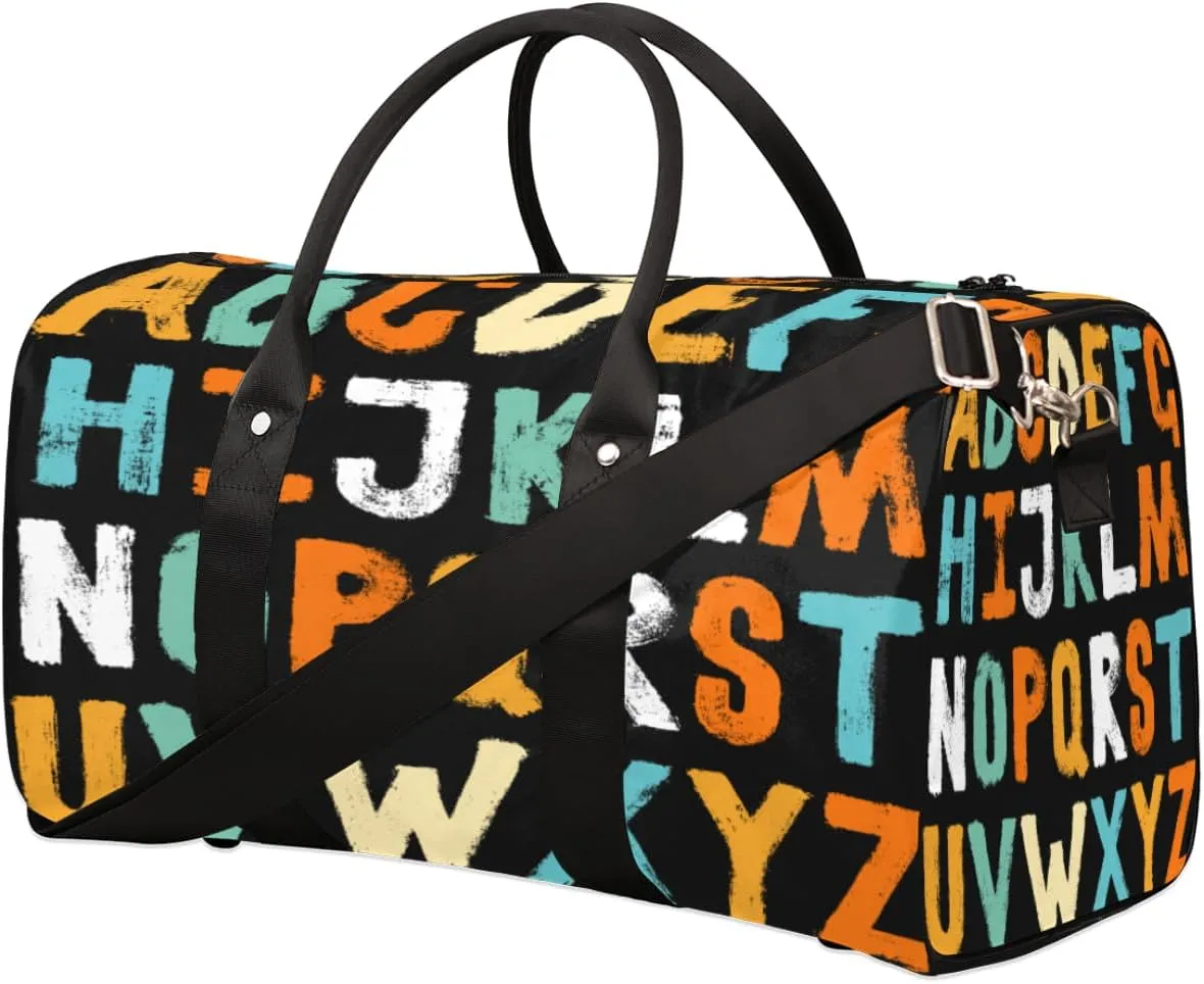 English Letters Travel Duffel Bag, Foldable Sport Gym Tote Bag, Waterproof Weekender Overnight Bag with Shoulder Strap, Carry On Luggage Handbag for Men and Women