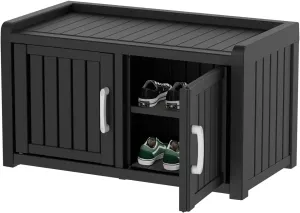 Entryway Shoe Bench with Storage, Industrial Hallway Bench with Adjustable Shelves, Rustic (Black, Two-Door)