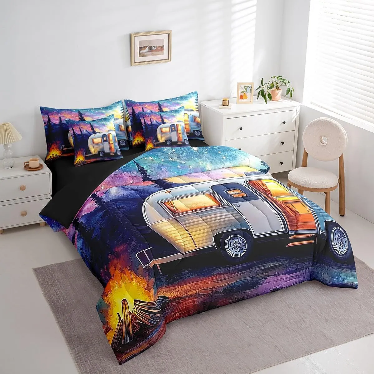 Erosebridal 7 Piece RV Camping Queen Comforter Set,Camper Bedding Sets for Travel Trailer,Aurora Starry Night Bed Set Mountain Bed in a Bag with Fitted Flat Sheet,Pillowcases,Throw Pillow Covers