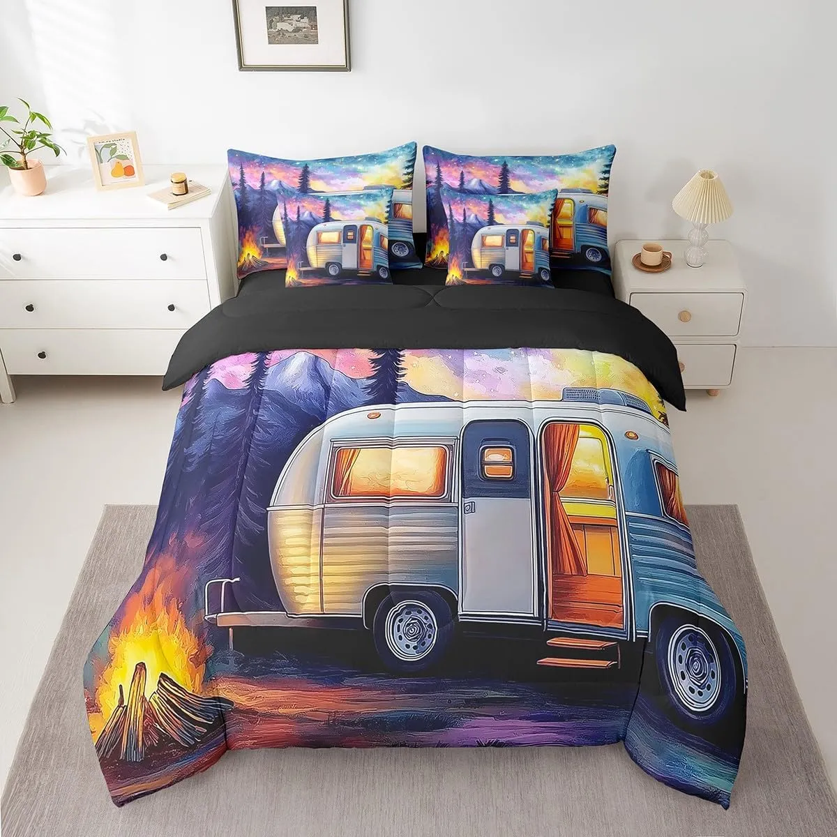 Erosebridal 7 Piece RV Camping Queen Comforter Set,Camper Bedding Sets for Travel Trailer,Aurora Starry Night Bed Set Mountain Bed in a Bag with Fitted Flat Sheet,Pillowcases,Throw Pillow Covers